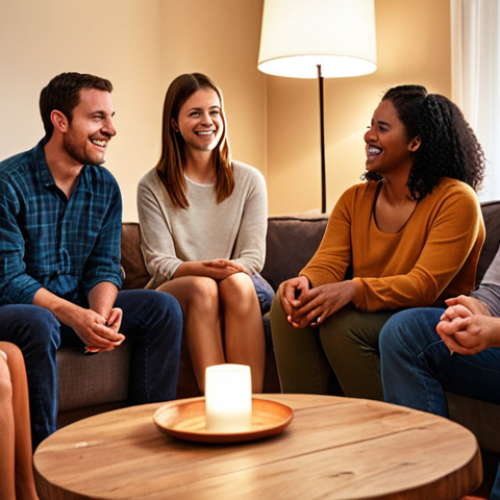 Home 19 A diverse group of people sitting in a circle in a cozy living room, some are smiling and making eye contact, while others are listening attentively. Soft, warm lighting and comfortable furniture create a safe and supportive atmosphere. This visualizes an emotion-decoding group, connection and shared understanding.