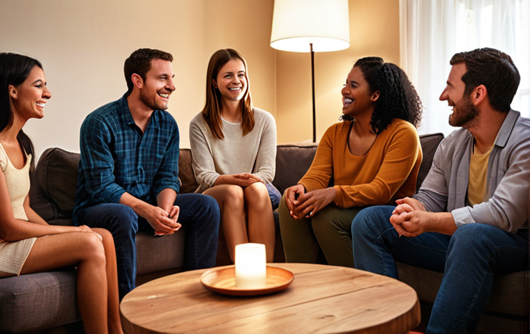 A diverse group of people sitting in a circle in a cozy living room, some are smiling and making eye contact, while others are listening attentively. Soft, warm lighting and comfortable furniture create a safe and supportive atmosphere. This visualizes an emotion-decoding group, connection and shared understanding.