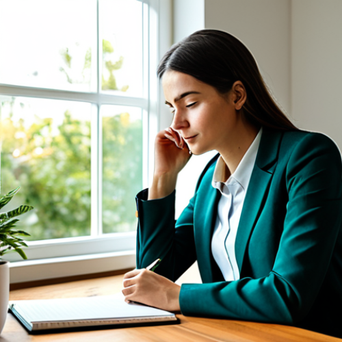 Home 18 A professional individual, fully clothed in a modest business casual outfit, sitting composedly at a minimalist wooden desk in a quiet, sunlit home office. The person is gently holding a pen and a notebook, with an expression of thoughtful introspection and inner calm, signifying a moment of self-reflection and emotional check-in. The background features a large window with soft natural light and subtle green plants, enhancing the serene atmosphere. Perfect anatomy, correct proportions, natural pose, well-formed hands, proper finger count, natural body proportions. High-quality professional photography, safe for work, appropriate content, fully clothed, family-friendly.