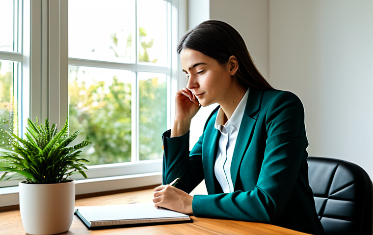 A professional individual, fully clothed in a modest business casual outfit, sitting composedly at a minimalist wooden desk in a quiet, sunlit home office. The person is gently holding a pen and a notebook, with an expression of thoughtful introspection and inner calm, signifying a moment of self-reflection and emotional check-in. The background features a large window with soft natural light and subtle green plants, enhancing the serene atmosphere. Perfect anatomy, correct proportions, natural pose, well-formed hands, proper finger count, natural body proportions. High-quality professional photography, safe for work, appropriate content, fully clothed, family-friendly.