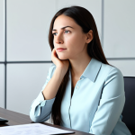 A contemplative professional woman in a modest business casual outfit, sitting calmly at a minimalist desk in a bright, modern office space. Her expression is serene and thoughtful, suggesting deep introspection. A soft, abstract visual element, resembling an 'inner compass' or untangled threads, subtly floats in the background, representing emotional clarity. The lighting is soft and natural, emphasizing a peaceful atmosphere. safe for work, appropriate content, fully clothed, professional dress, perfect anatomy, correct proportions, natural pose, well-formed hands, proper finger count, professional photography, high quality.
