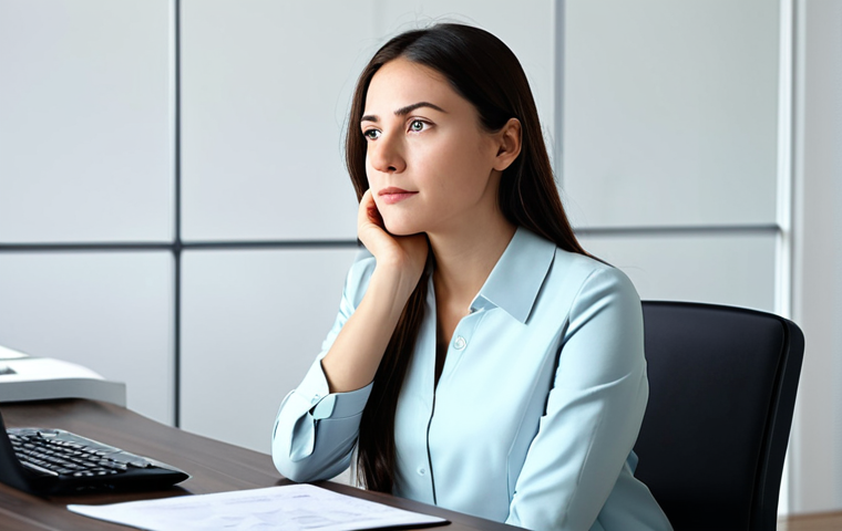 A contemplative professional woman in a modest business casual outfit, sitting calmly at a minimalist desk in a bright, modern office space. Her expression is serene and thoughtful, suggesting deep introspection. A soft, abstract visual element, resembling an 'inner compass' or untangled threads, subtly floats in the background, representing emotional clarity. The lighting is soft and natural, emphasizing a peaceful atmosphere. safe for work, appropriate content, fully clothed, professional dress, perfect anatomy, correct proportions, natural pose, well-formed hands, proper finger count, professional photography, high quality.