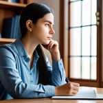 A calm, contemplative young adult, gender-neutral, in a comfortable yet professional outfit, sitting at a clean wooden desk with a minimalist journal open. The subject is holding a pen, deep in thought, perhaps looking out a window or gently down at the journal. The background is a soft-lit, modern study or home office with a blurred bookshelf or plant, conveying a sense of peace and introspection. The atmosphere is quiet and focused. The subject has perfect anatomy, correct proportions, well-formed hands, proper finger count, and a natural body proportion. The image is fully clothed, modest clothing, appropriate attire, professional dress, safe for work, appropriate content, family-friendly, high-resolution professional photography.