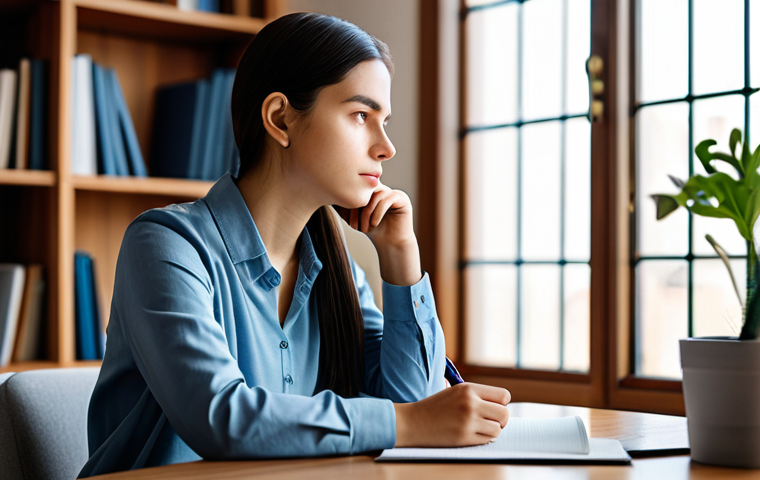A calm, contemplative young adult, gender-neutral, in a comfortable yet professional outfit, sitting at a clean wooden desk with a minimalist journal open. The subject is holding a pen, deep in thought, perhaps looking out a window or gently down at the journal. The background is a soft-lit, modern study or home office with a blurred bookshelf or plant, conveying a sense of peace and introspection. The atmosphere is quiet and focused. The subject has perfect anatomy, correct proportions, well-formed hands, proper finger count, and a natural body proportion. The image is fully clothed, modest clothing, appropriate attire, professional dress, safe for work, appropriate content, family-friendly, high-resolution professional photography.