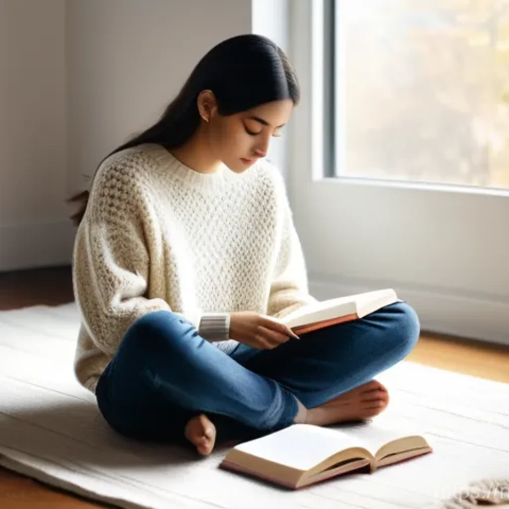 감정 해독을 위한 저널링의 효과 - A young woman, dressed in a cozy, long-sleeved cream-colored sweater and comfortable, dark-wash jean...
