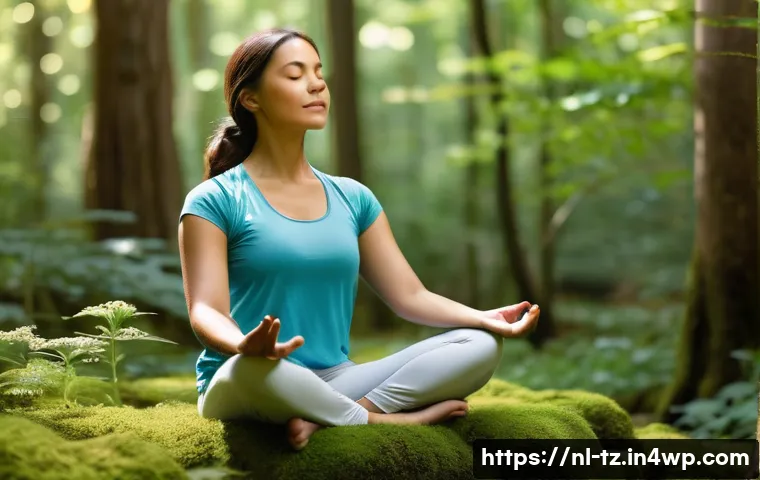 감정 해독 방법론을 활용한 자기 돌봄 - **Prompt 1: Mindful Serenity in Nature**
A serene, adult woman is practicing a gentle yoga pose ...