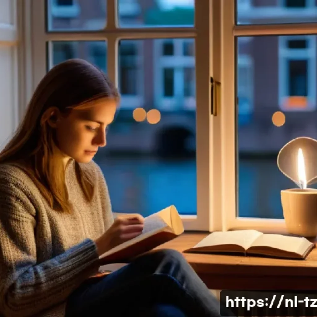 부정적인 감정 해독하는 법 - A calm and cozy Dutch living room scene in the evening, featuring a young adult sitting comfortably ...