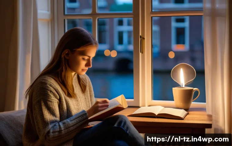 부정적인 감정 해독하는 법 - A calm and cozy Dutch living room scene in the evening, featuring a young adult sitting comfortably ...