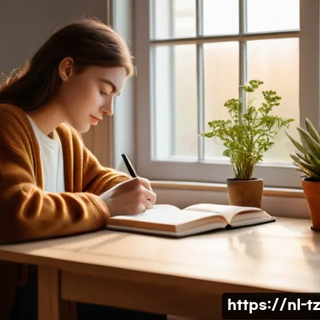 감정 해독의 자가 진단 체크리스트 - A calm and cozy Dutch home interior with a person sitting at a wooden desk by a large window, writin...