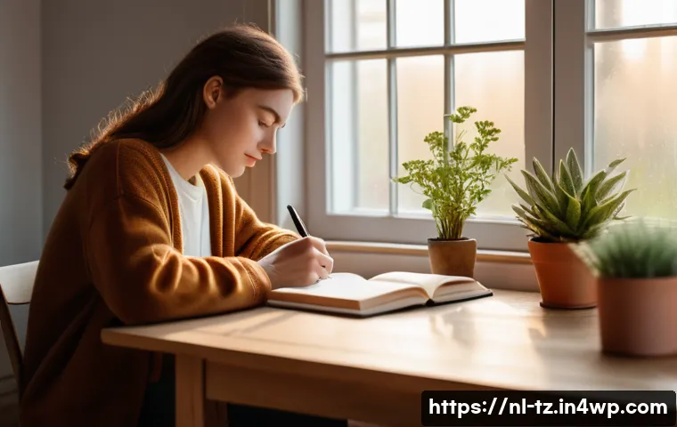 감정 해독의 자가 진단 체크리스트 - A calm and cozy Dutch home interior with a person sitting at a wooden desk by a large window, writin...