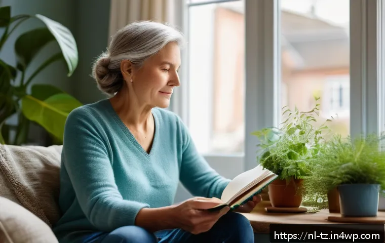 감정 해독의 순환적 과정 이해하기 - A serene and thoughtful middle-aged Dutch woman sitting comfortably in a cozy, sunlit living room, j...