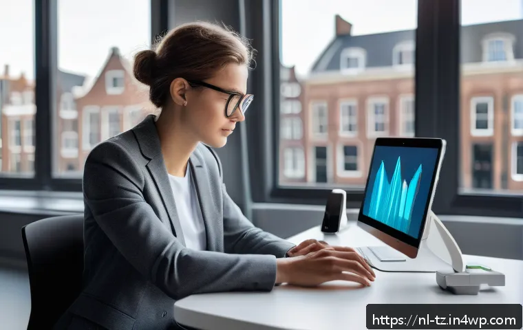 감정 해독을 위한 정서적 지원 시스템 - A modern Dutch office scene featuring a young professional wearing a sleek smartwatch that displays ...