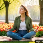 Home 19 감정 해독을 위한 지속 가능한 실천들 - A serene Dutch woman practicing mindful breathing outdoors in a lush green park during early morning...