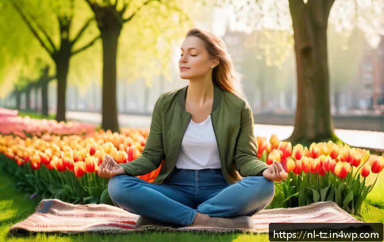 감정 해독을 위한 지속 가능한 실천들 - A serene Dutch woman practicing mindful breathing outdoors in a lush green park during early morning...