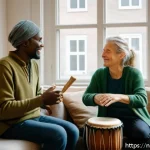Home 18 감정 해독을 위한 음악 치료 기법 - A serene music therapy session in a cozy Dutch living room featuring a diverse adult patient and a c...