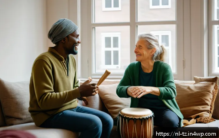 감정 해독을 위한 음악 치료 기법 - A serene music therapy session in a cozy Dutch living room featuring a diverse adult patient and a c...
