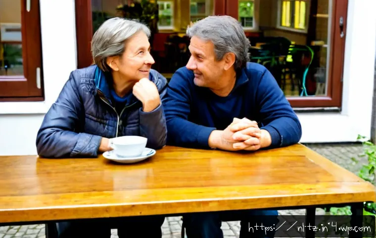 Home 17 감정 해독과 타인과의 연대 강화 - Photorealistic candid scene in a cozy Dutch community center, two diverse middle-aged friends seated...