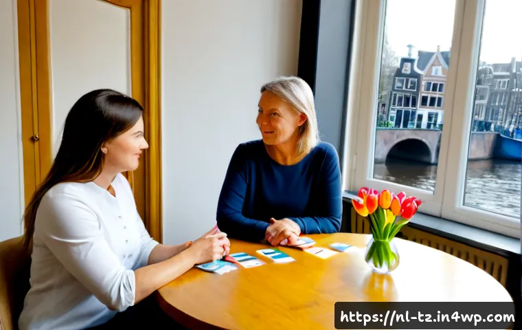 Home 17 감정 해독의 새로운 패러다임 제시 - Photorealistic Dutch therapist and middle-aged client seated across a round wooden table in a calm A...